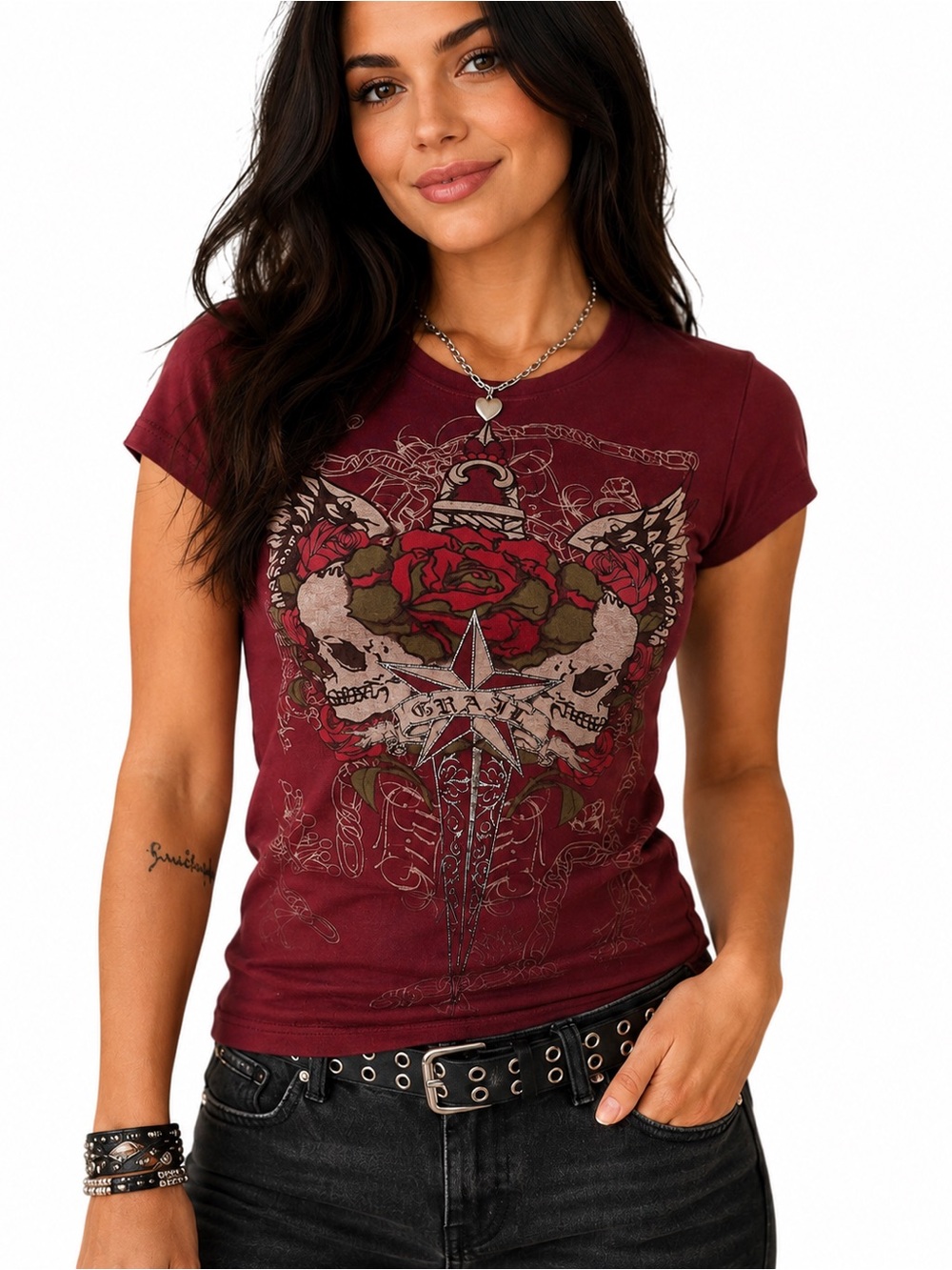 Vintage Y2K GRAIL Los Angeles Burgundy Skull Rose Tattoo  Baby Tee Women’s S